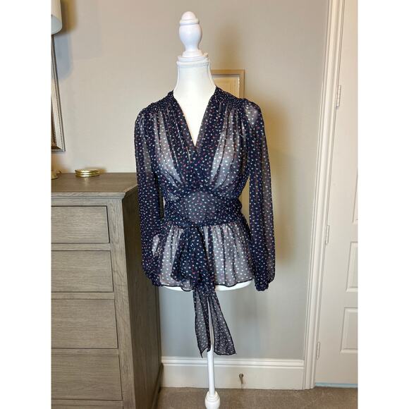 Kate Spade | Navy Blue Lips Pattern Tie Waist Silk Blouse | Size 0 - Picture 3 of 17